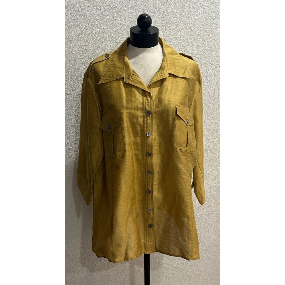 Silk Land Women’s Linen Blend Button Down Long Sleeve Blouse Shirt Size XXL Gold